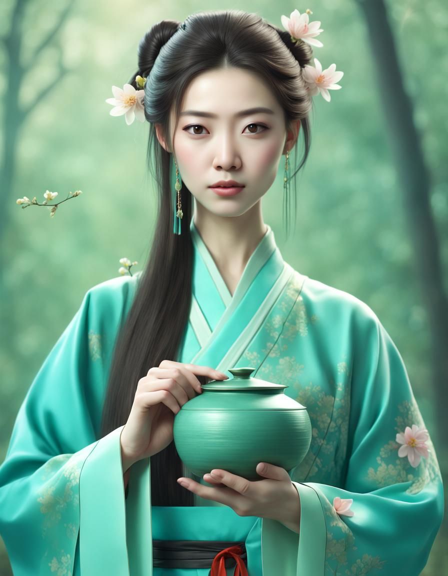 Chinese Woman in Hanfu with Flower Pot: 3D Portrait