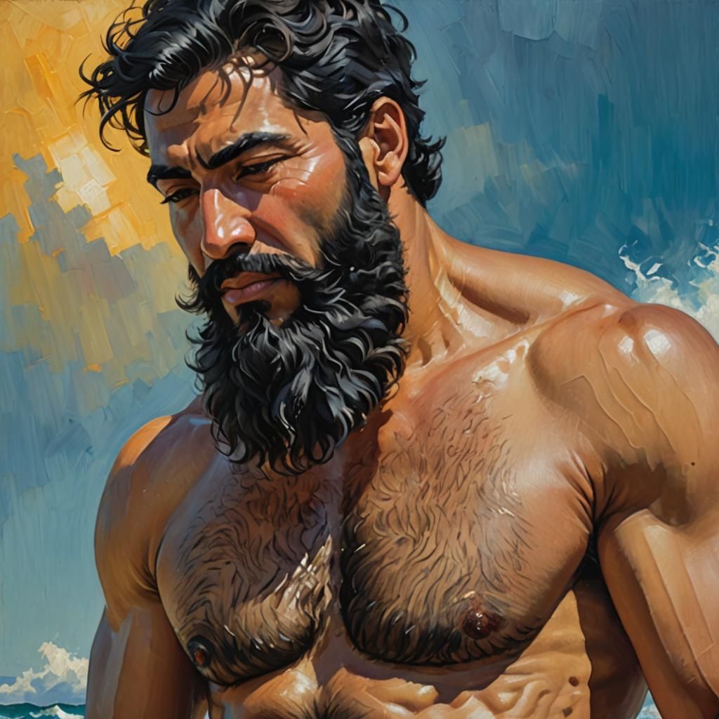 Hirsute Man in Neo-Impressionist Seascape Painting