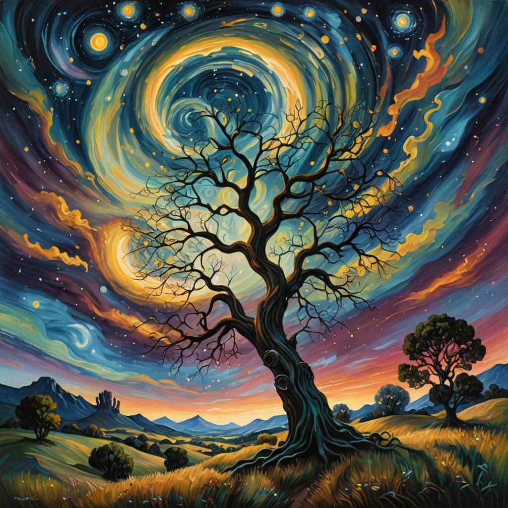 Dreamlike Figure Under Starry Night Sky as Oil Painting