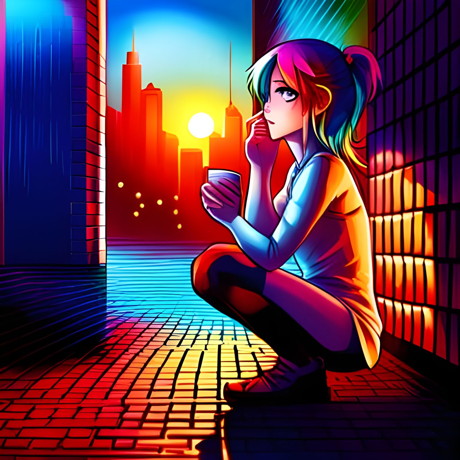Manga Punk Girl Splash Art with Sunset Lighting