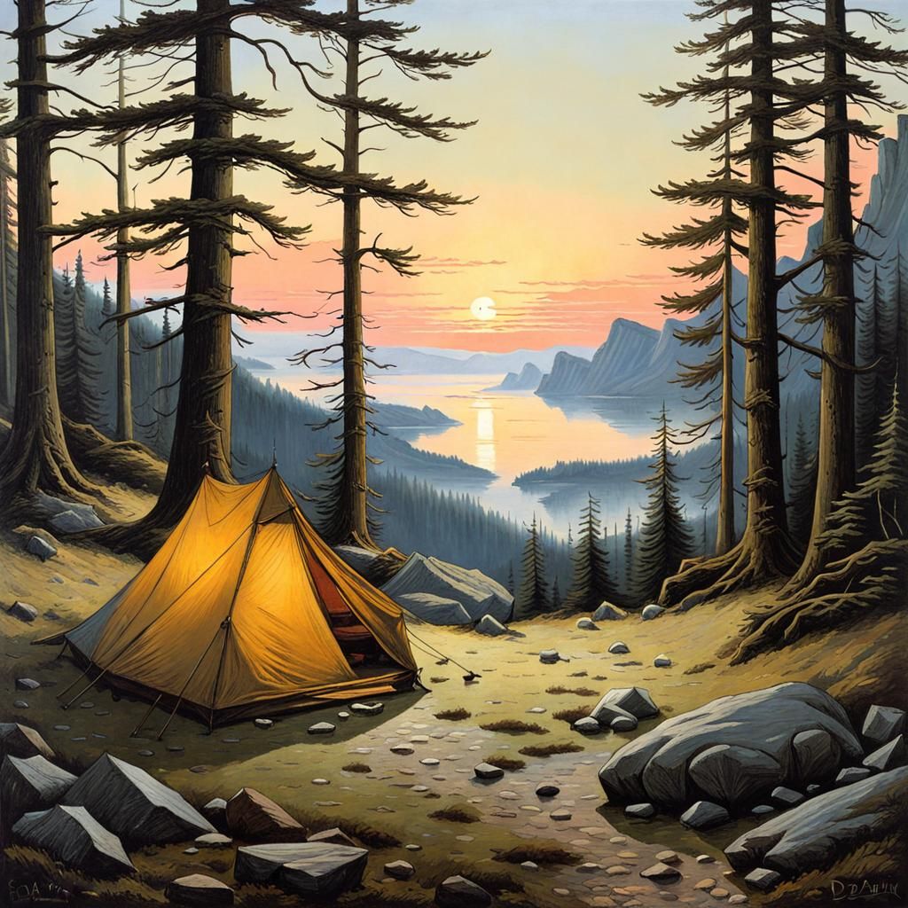 Tranquil Wilderness Campsite: A Romantic Oil Painting