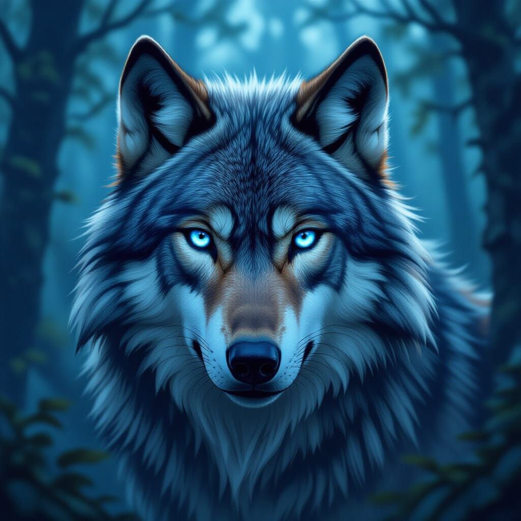 Heterochromatic Wolf in Mystical Forest, Digital Art