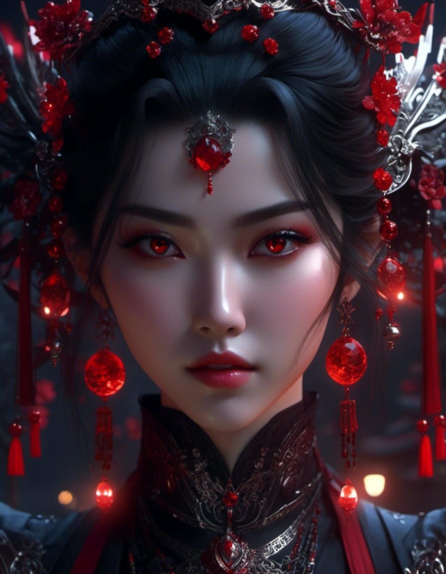 Gothic Xianxia Woman Portrait with Twinkling Lights