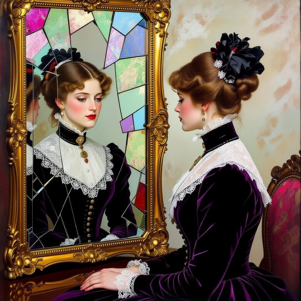 Victorian Woman Contemplating Fractured Mirror Reflection