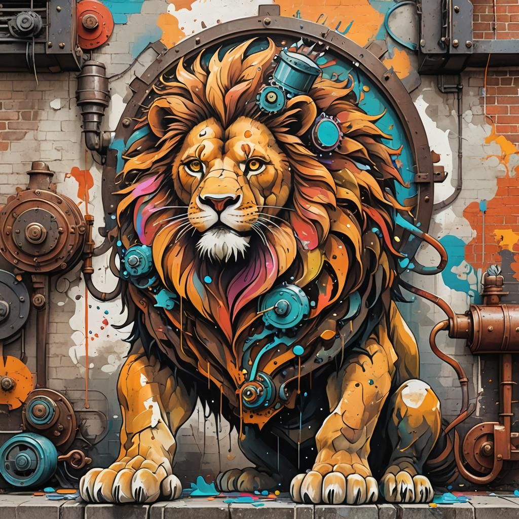 Cartoon Lion Paints Mural in Urban Setting