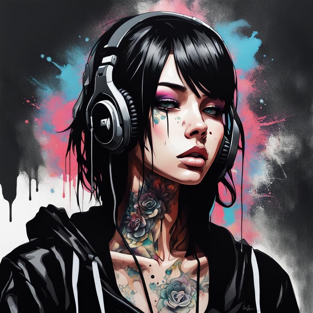 Anime Metalhead Girl in Graffiti Street Art