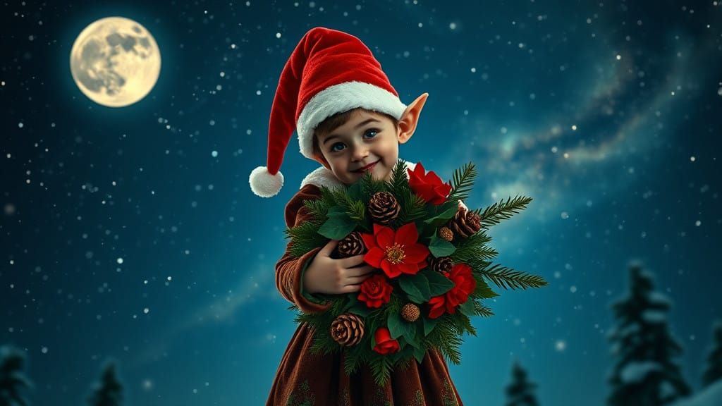 Whimsical Christmas Elf Under Starry Night Sky