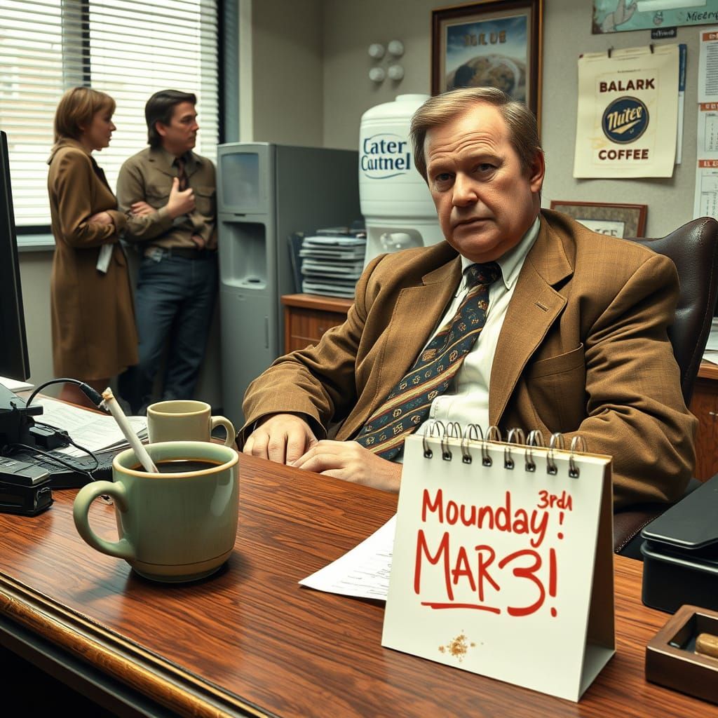 Nostalgic 80s Office Scene with Smoky Coffee Break