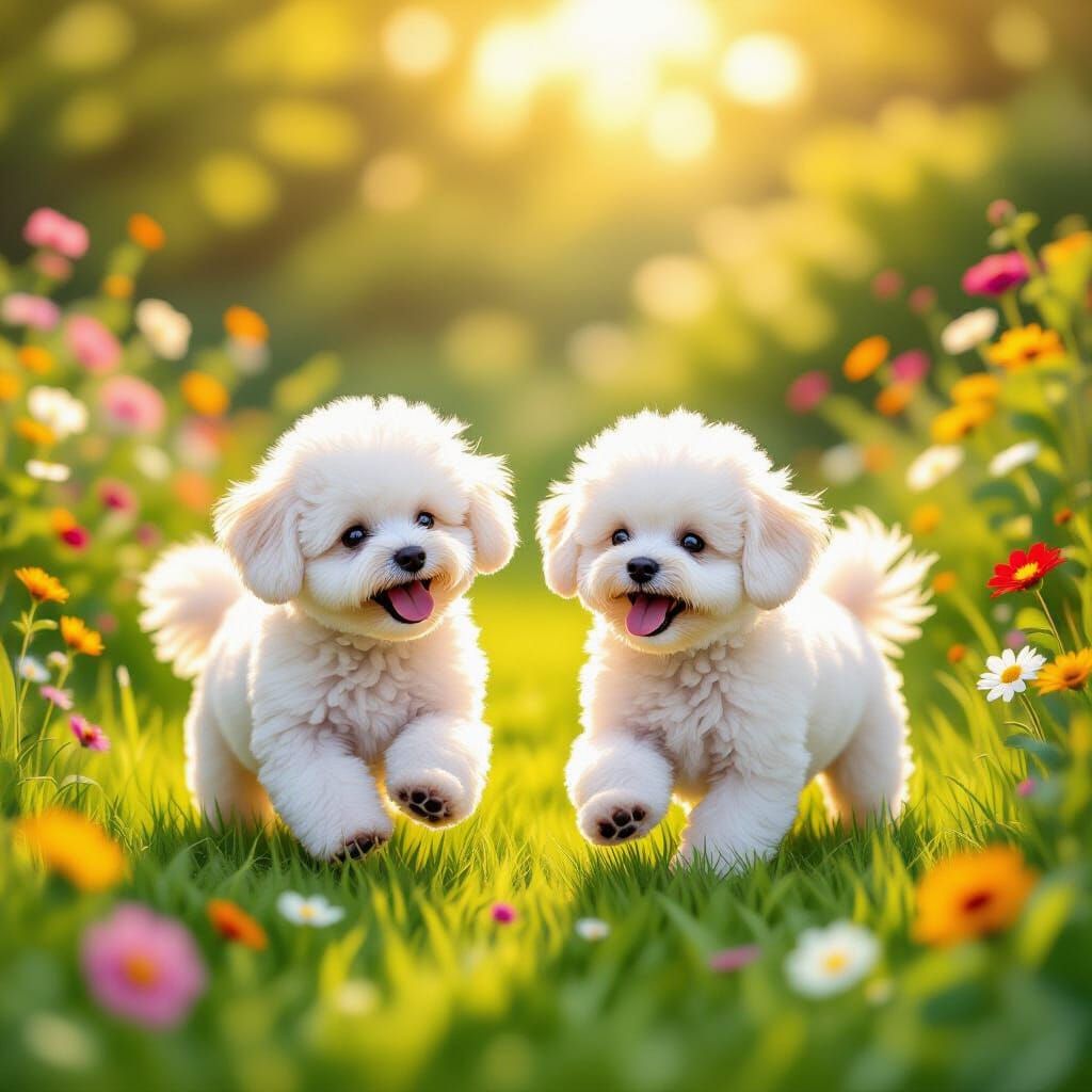Fluffy Bichon Frise Dogs Play in Sunny Yard
