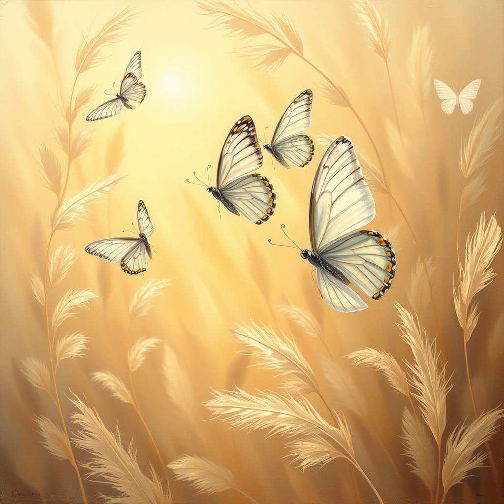 Whimsical Oil Paintings of White Butterflies in Flight
