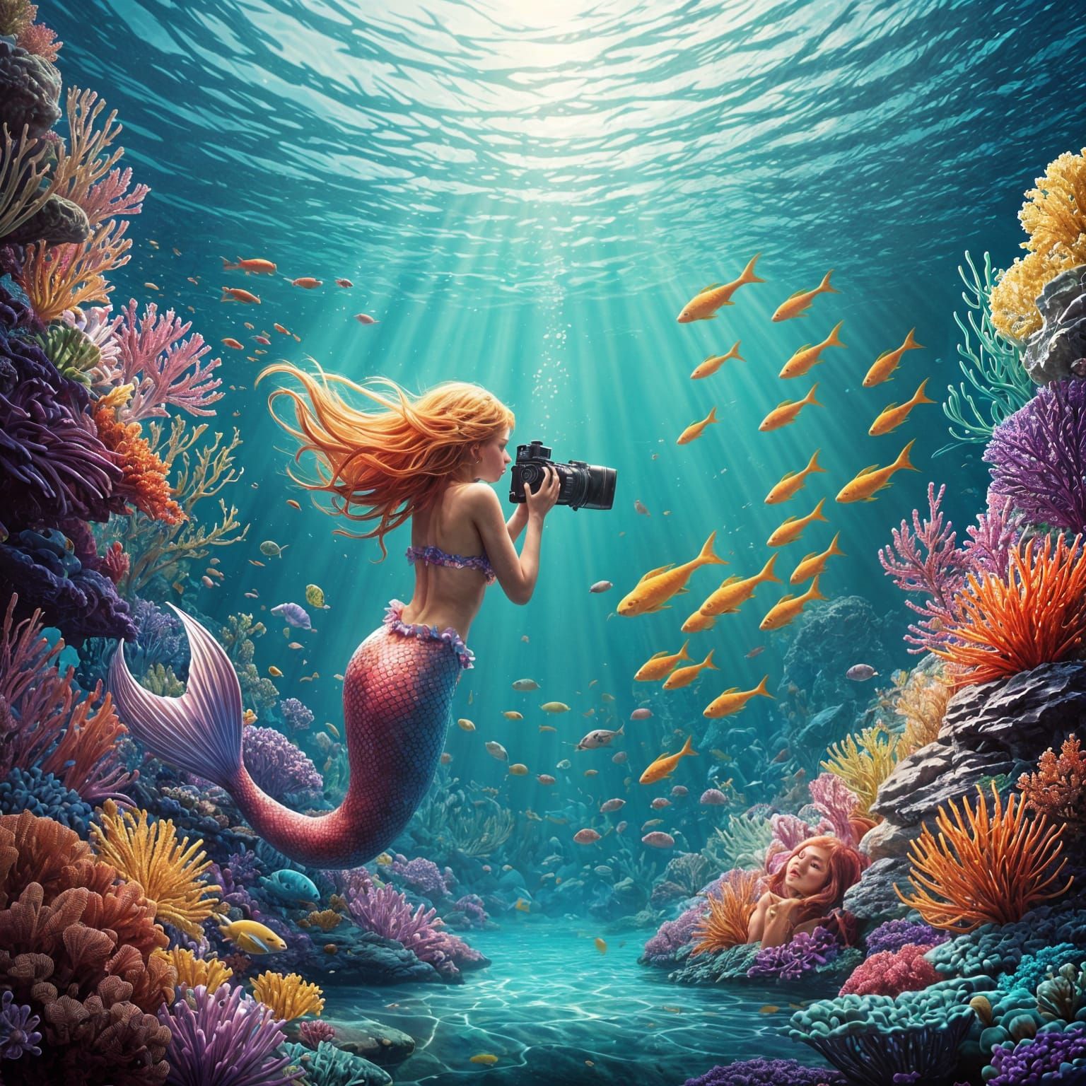 Mermaid Captures Rainbow Fish in Vibrant Candyland Scene