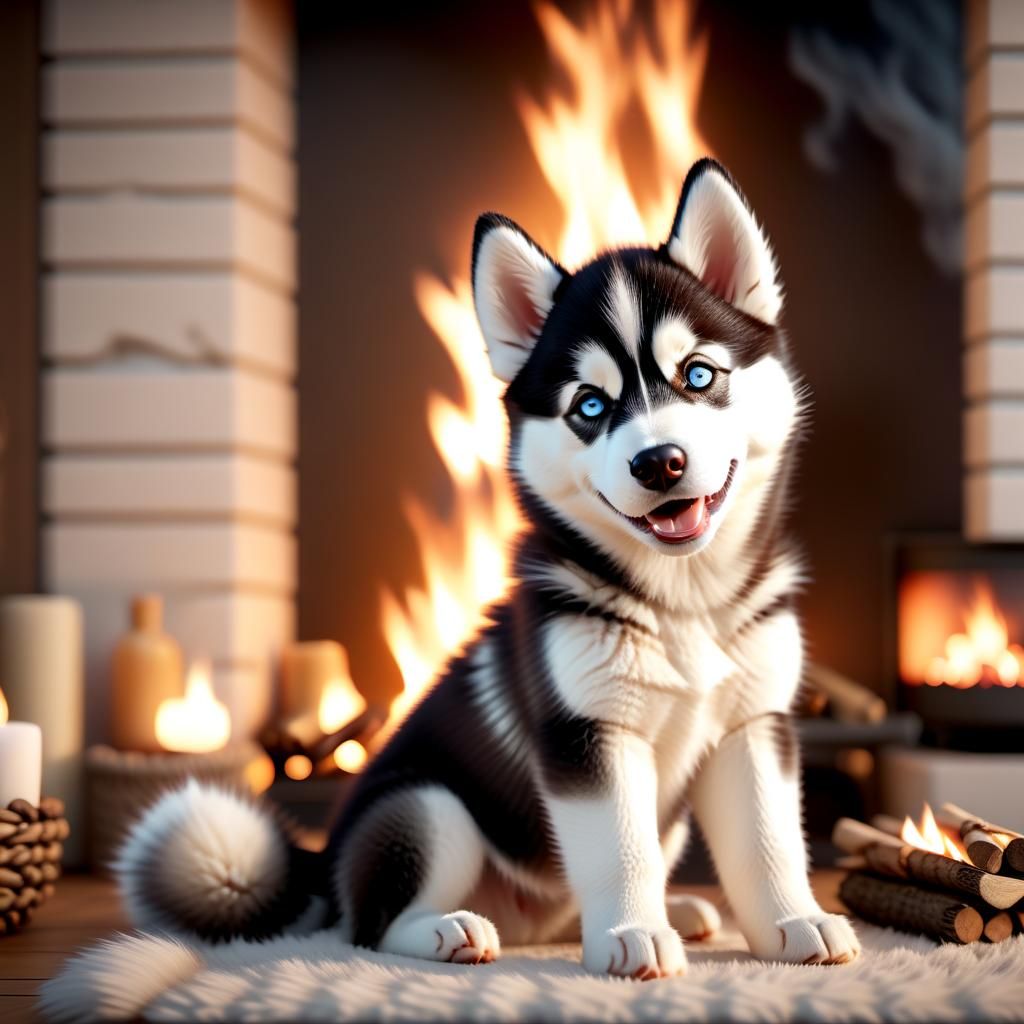Smiling Husky Puppy in Cosy Room, 8K