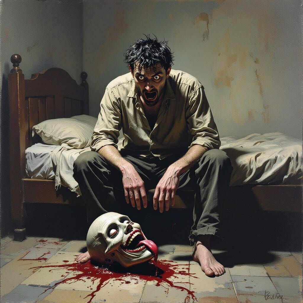 Terrified Man Confronts Severed Head in Dark Surrealism