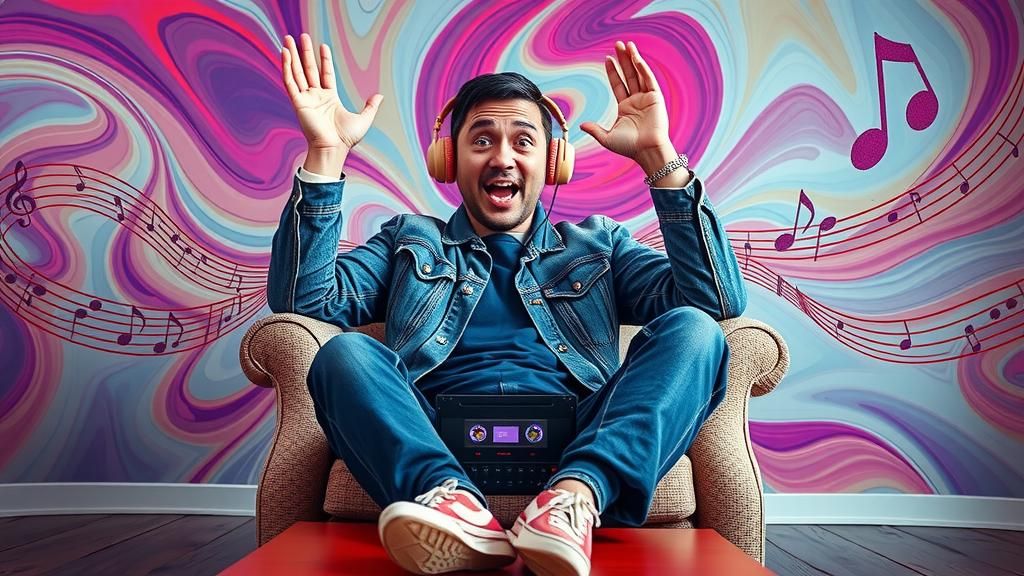 Astonished Man Immersed in Music, Retro 80s Aesthetic