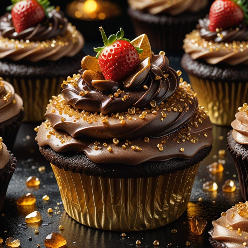 Fantasy Cupcake with Caramel and Strawberry, Golden Lighting