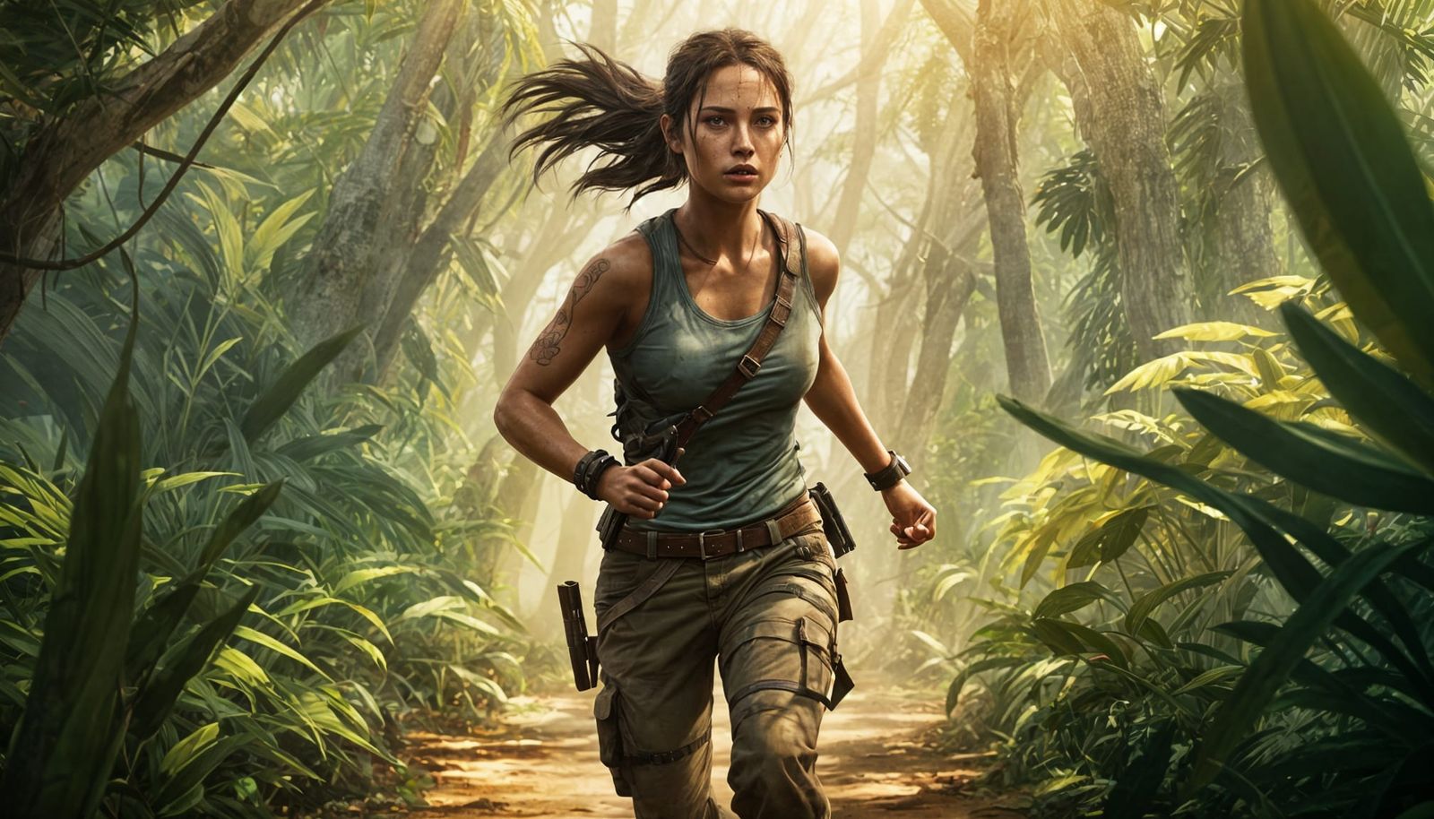 Lara Croft-esque Archer Running Through Jungle