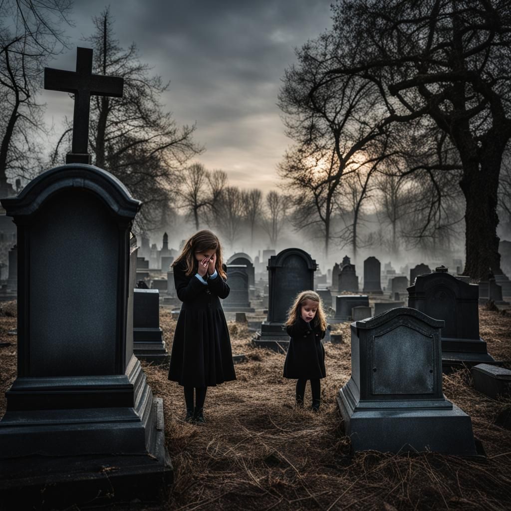 Grief in Abandoned Graveyard: Weeping Girl at Coffin