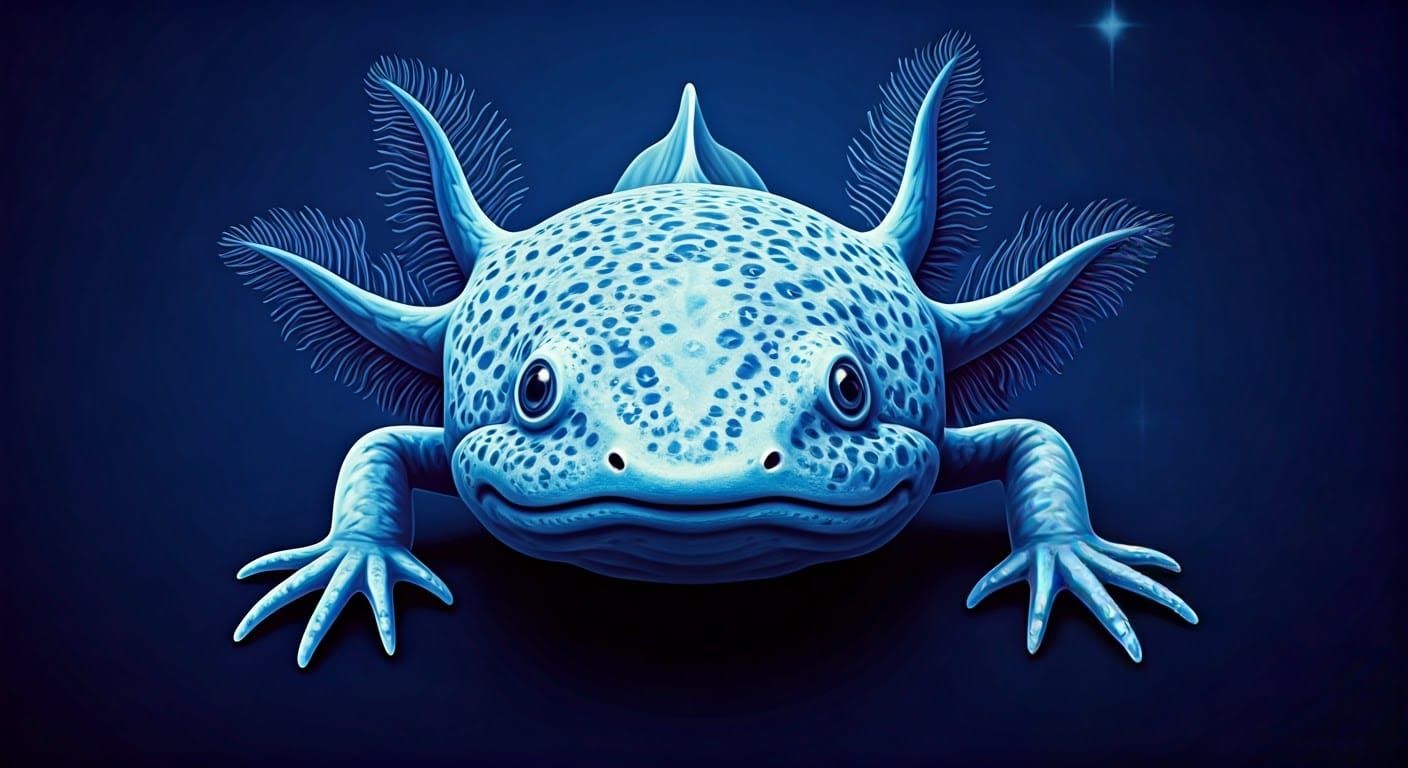 Surrealist Axolotl in Delft Blue, Fractal Patterns