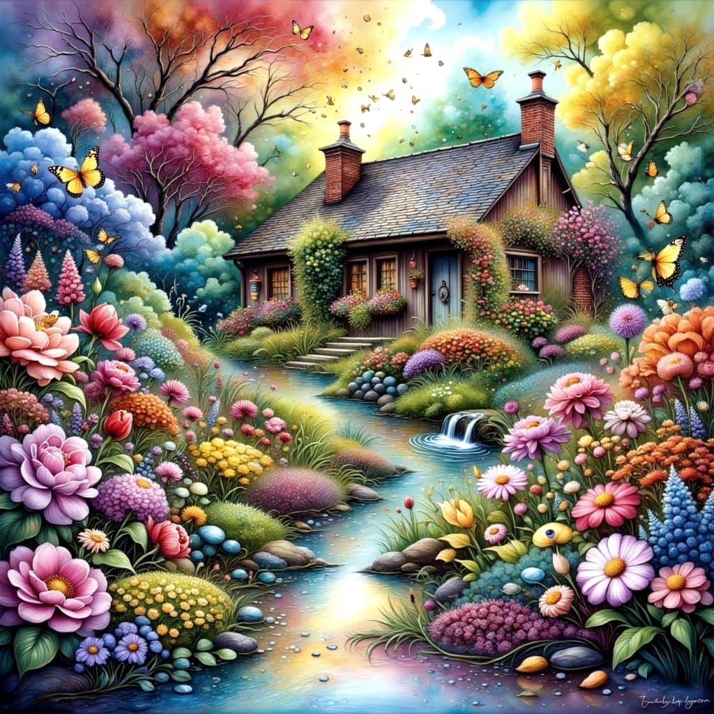 Ethereal Spring Garden Scene in Vibrant Colors