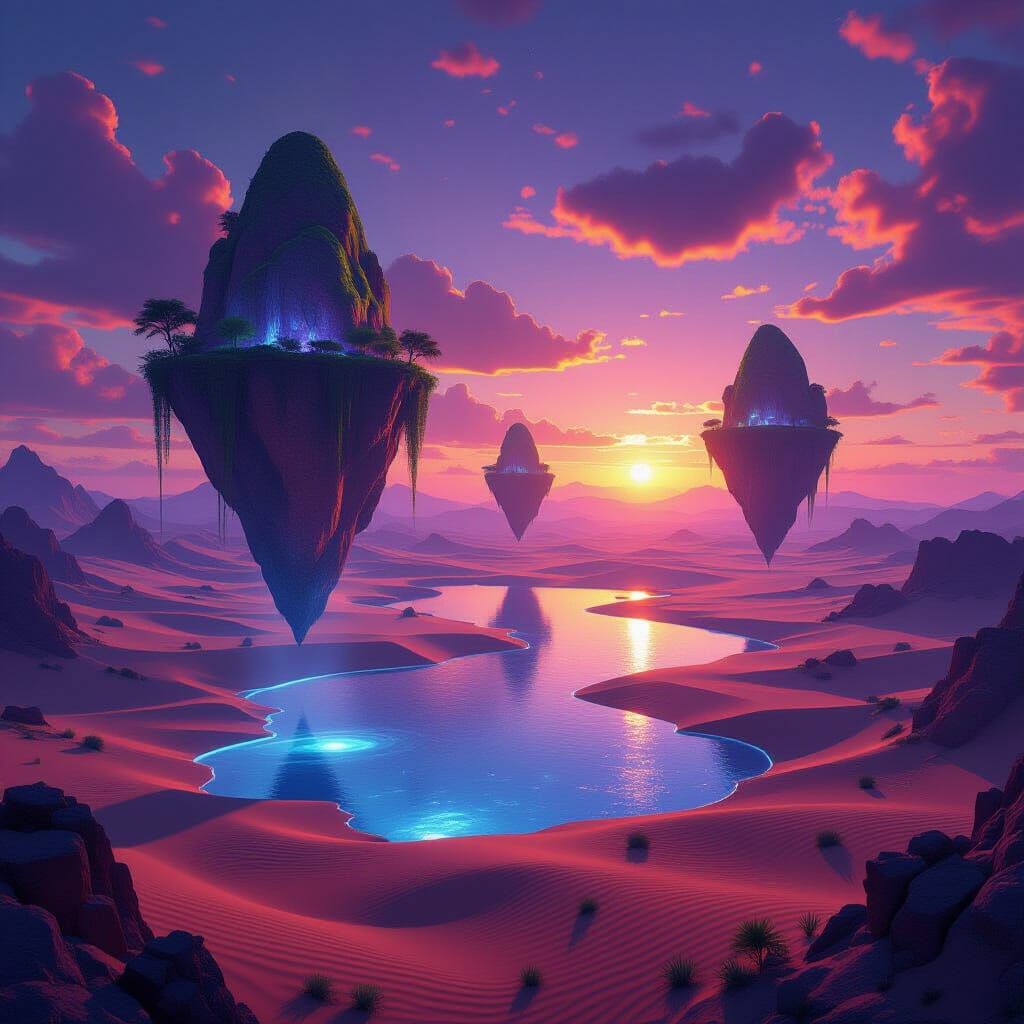 Surreal Desert With Floating Islands At Magical Sunset