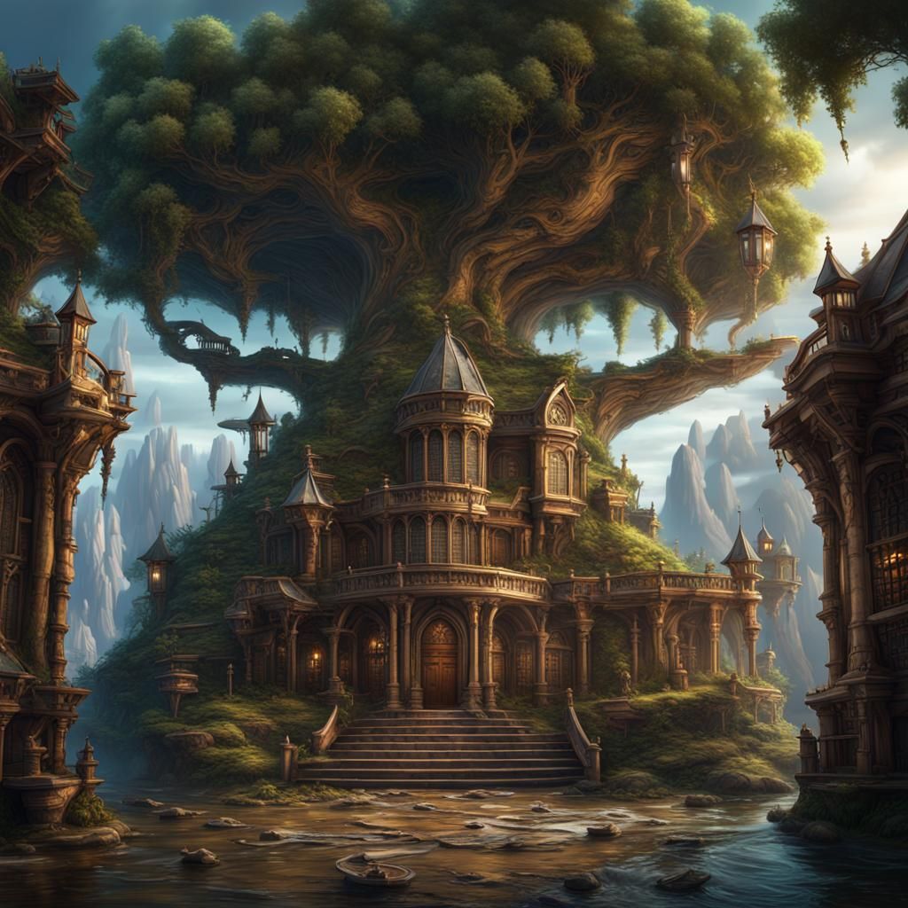 Fantasy Library Island in Detailed Matte Painting Style