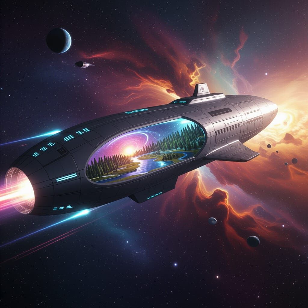 Gigantic Interstellar Spaceship with Rotating City-Biomes