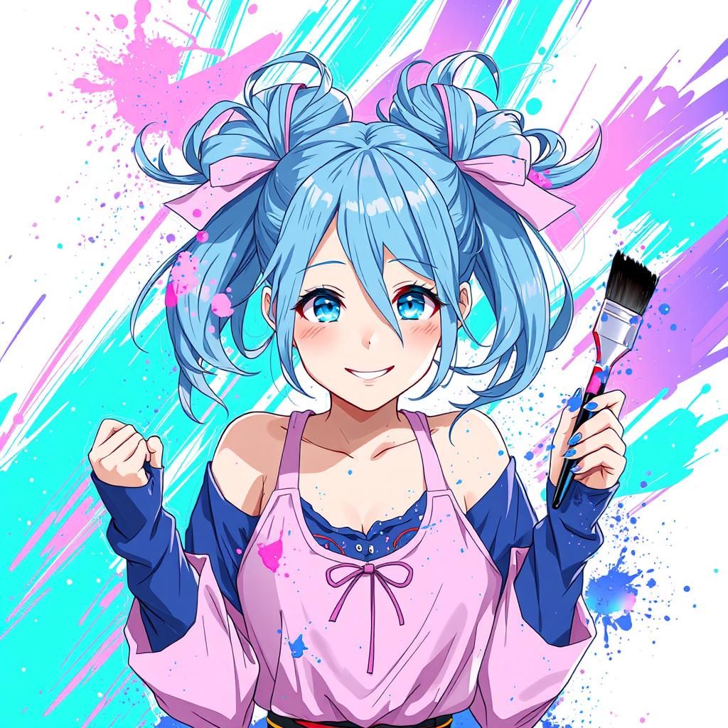 Cheerful Anime Girl Portrait with Paint Splatters