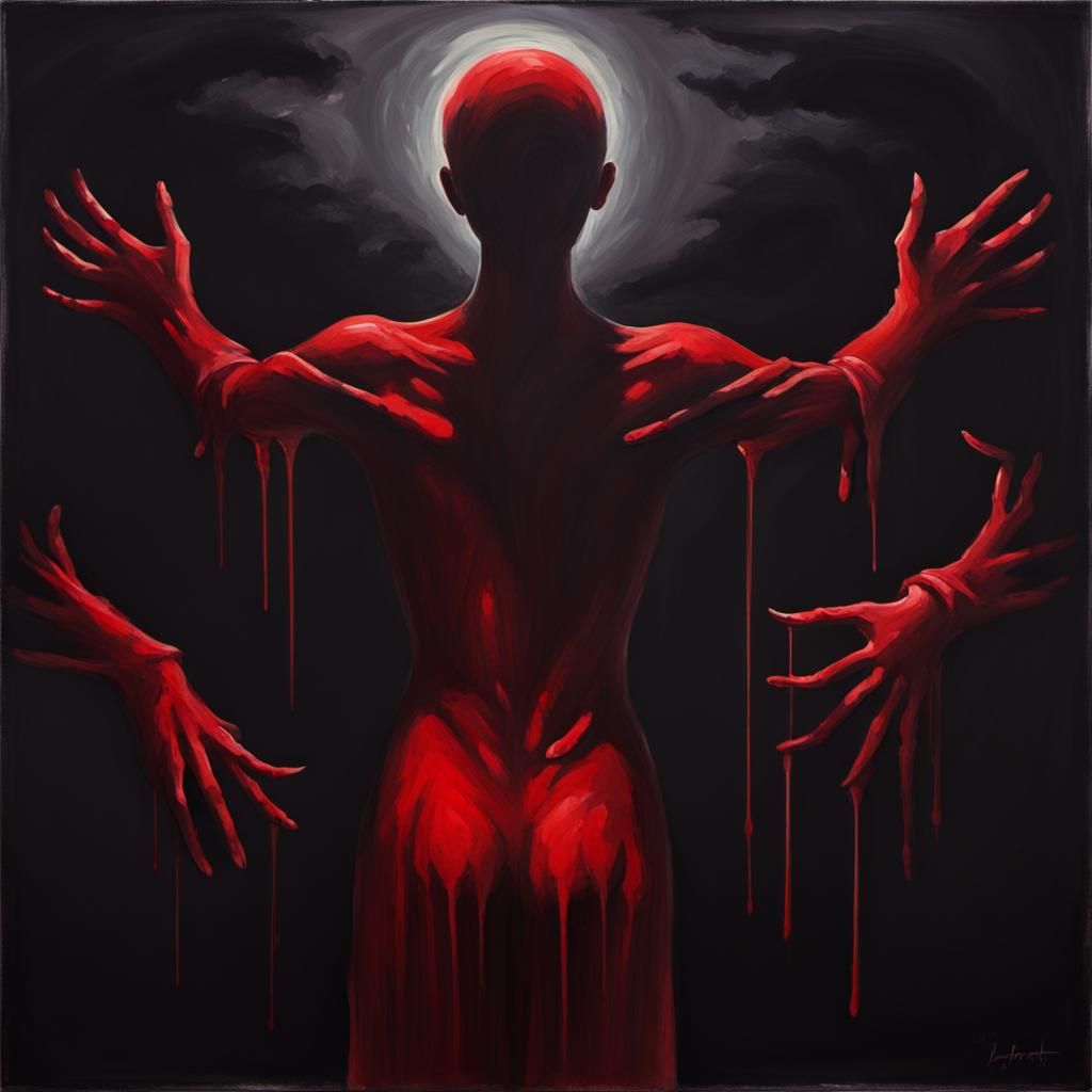 Blood-Red Silhouette Embraces the Void: A Haunting Painting