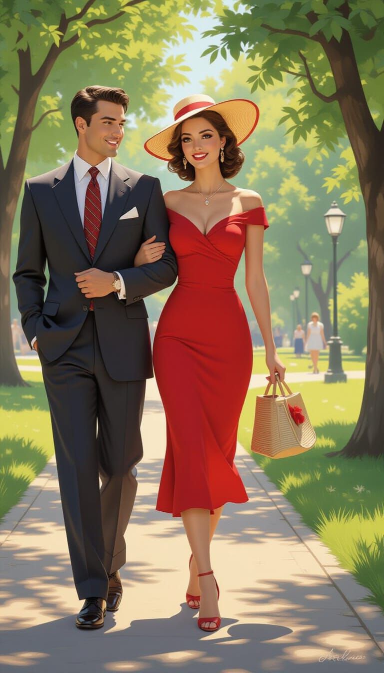 1950s Housewife Walking in Park: Hyperrealistic Art