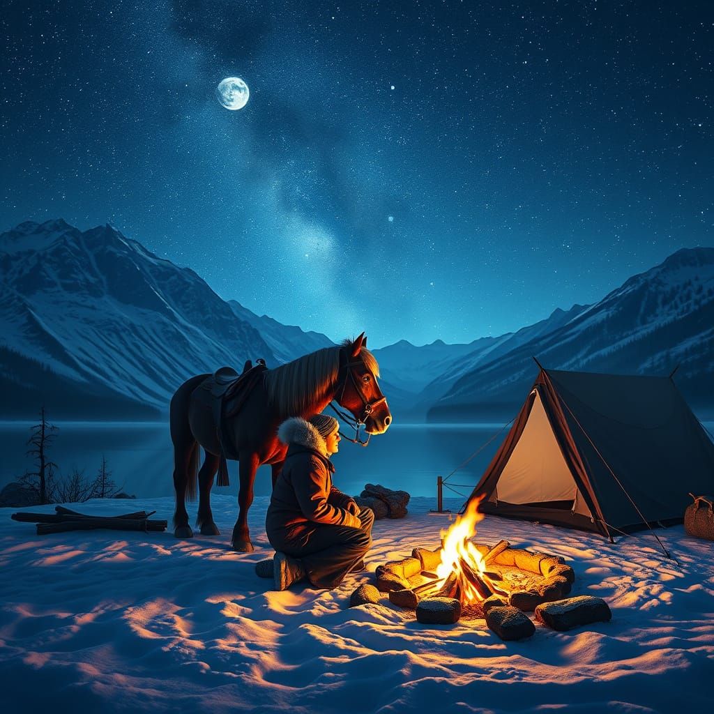Moonlit Winter Campsite in Starry Mountains