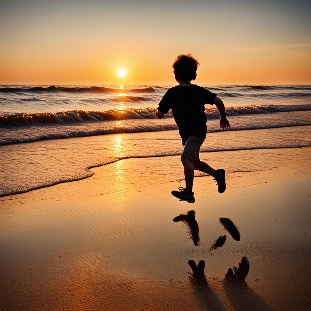 Child Running on Beach at Sunset