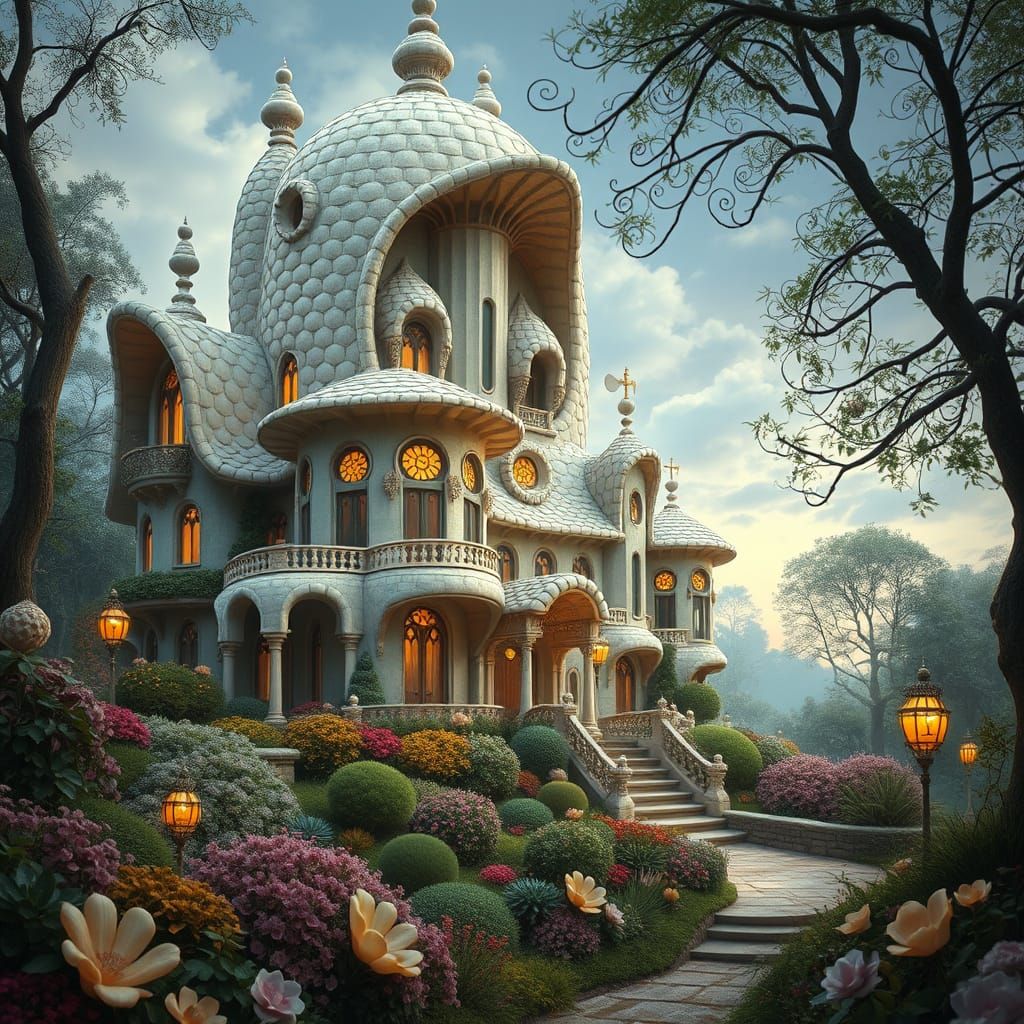 Whimsical Mansion in Lush Garden, Storybook Fantasy Art
