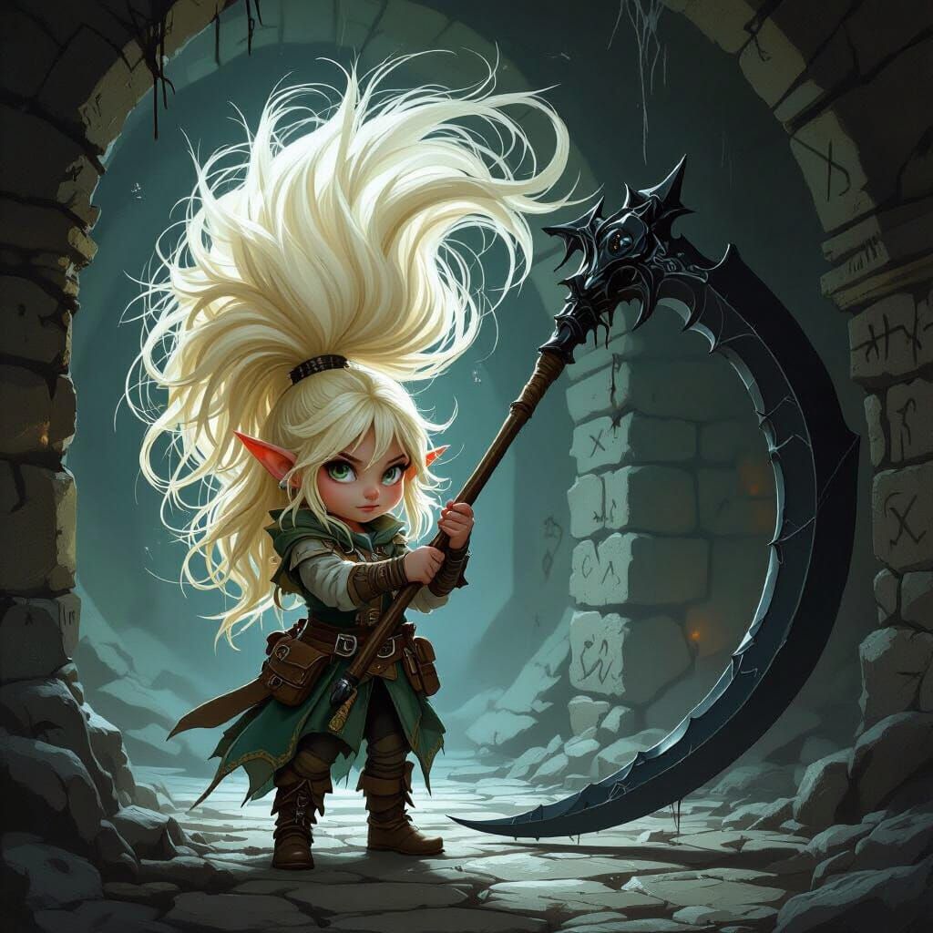 Halfling Rogue with Giant Wig and Scythe in Dungeon