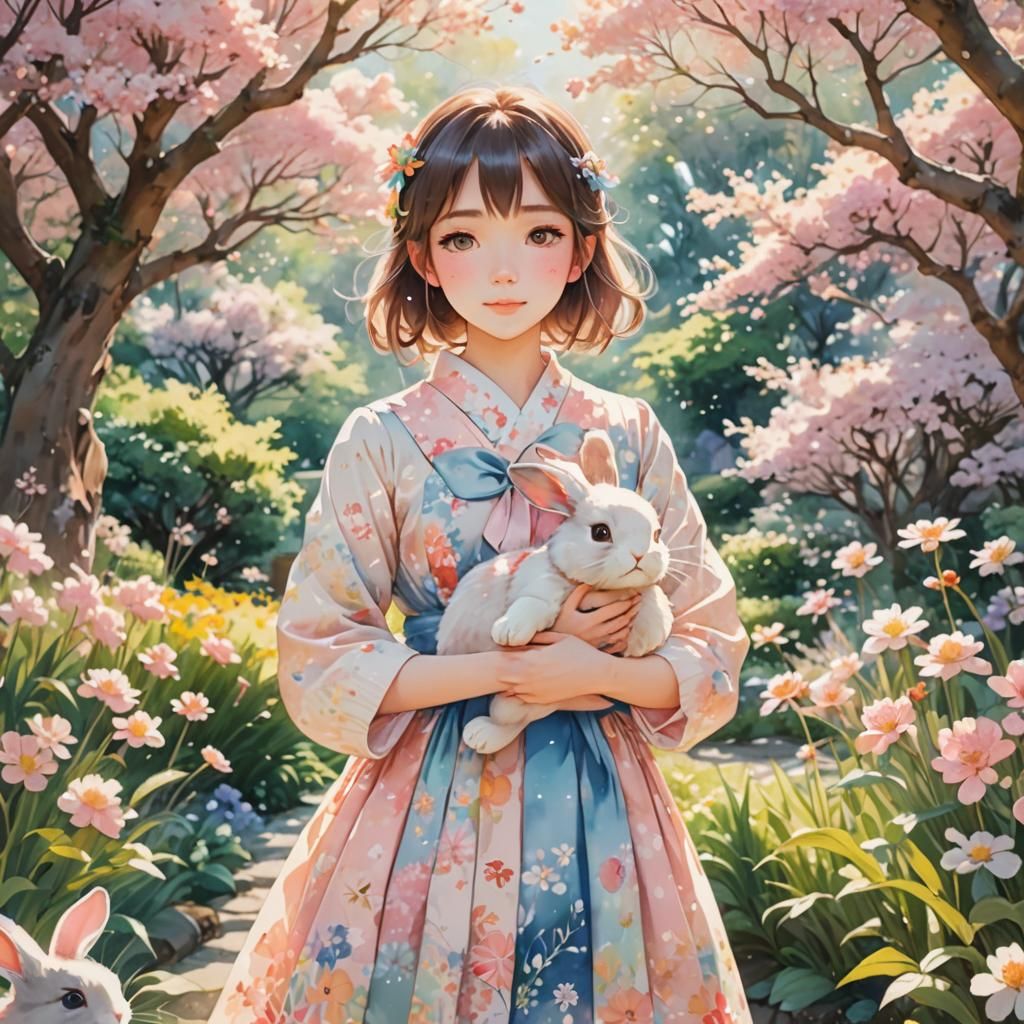 Anime Girl with Bunny in Pastel Garden