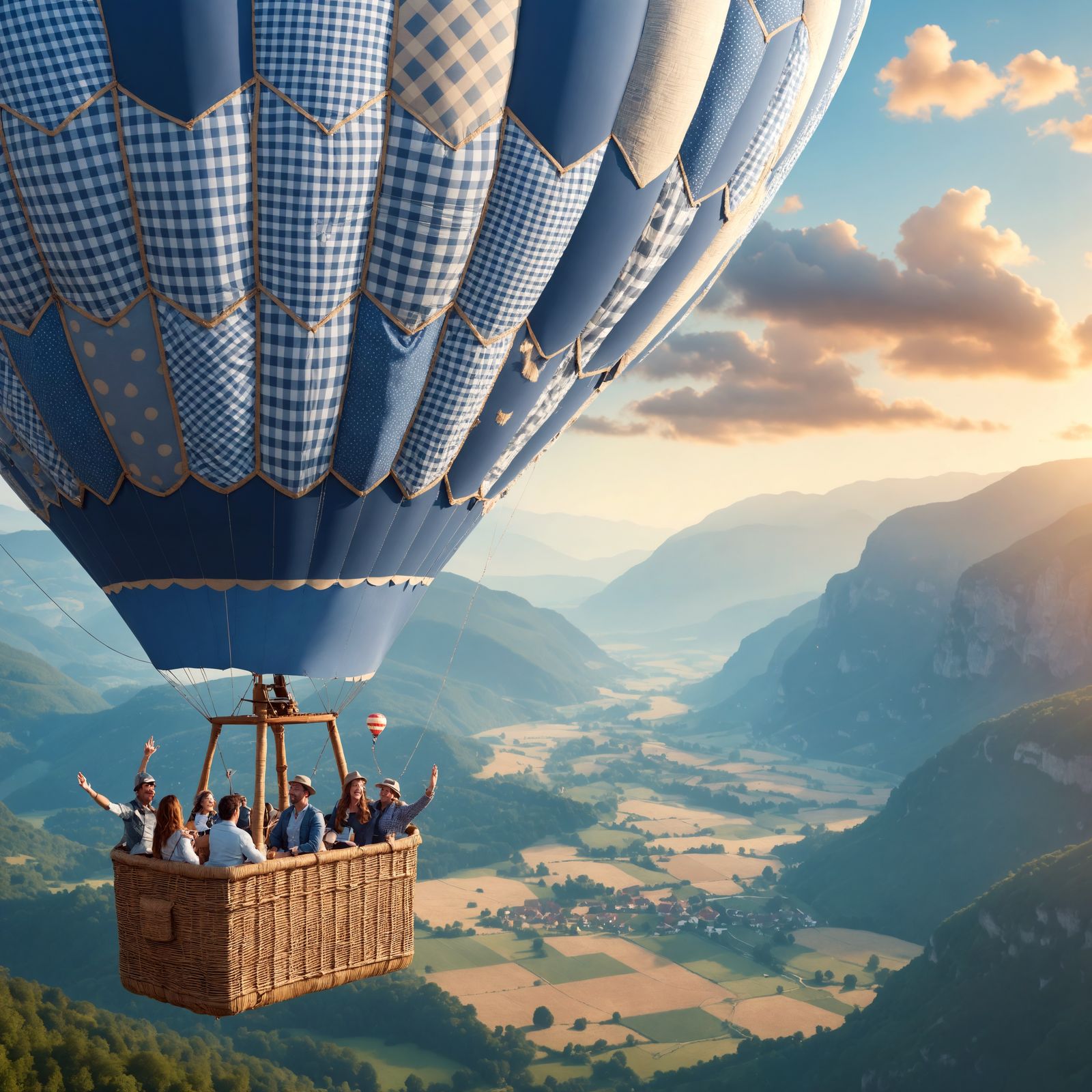 Vibrant Gingham Hot Air Balloon Soars Over a Serene Valley