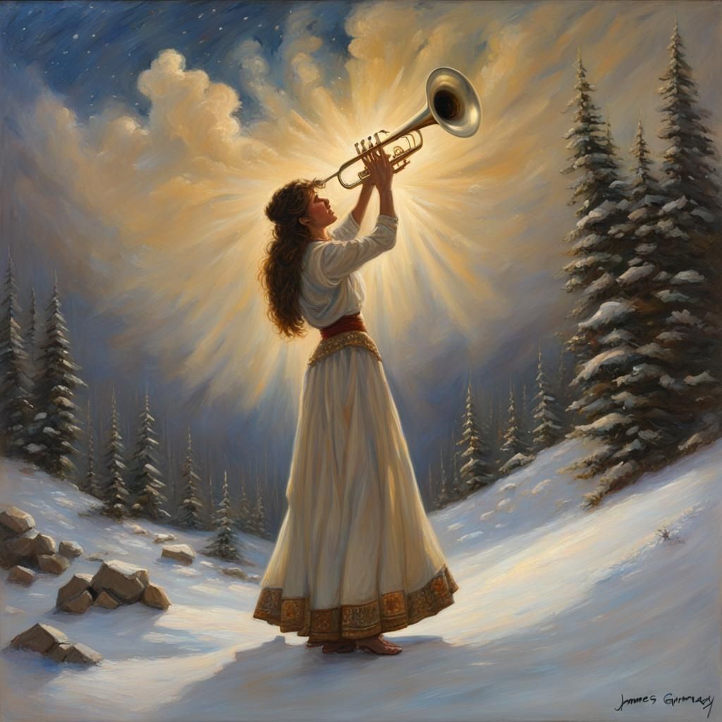 Woman Trumpeter in Snowy Landscape Oil Painting
