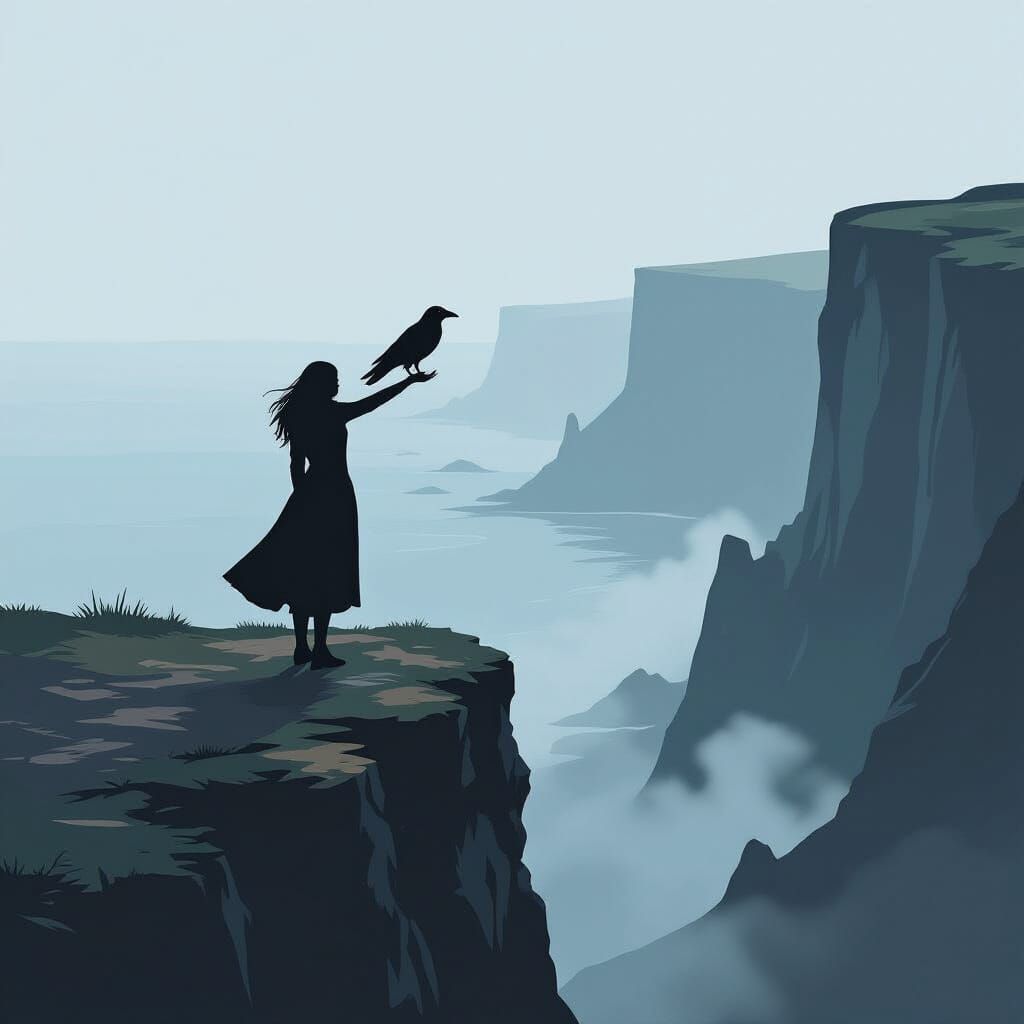Woman and Raven on Cliff Overlooking Misty Ocean