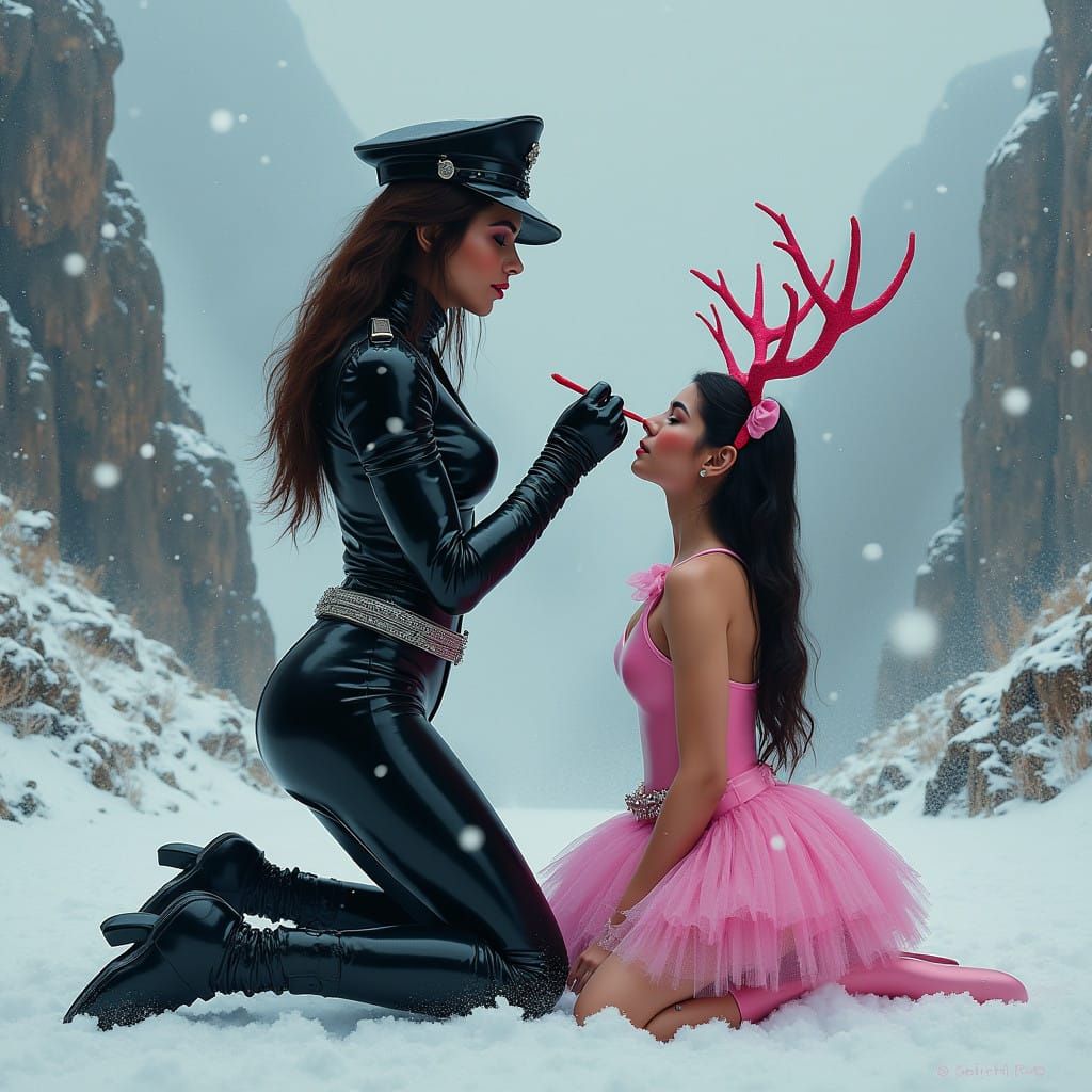 Dominant Mistress Applies Lipstick to Kneeling Sissy in Snow...
