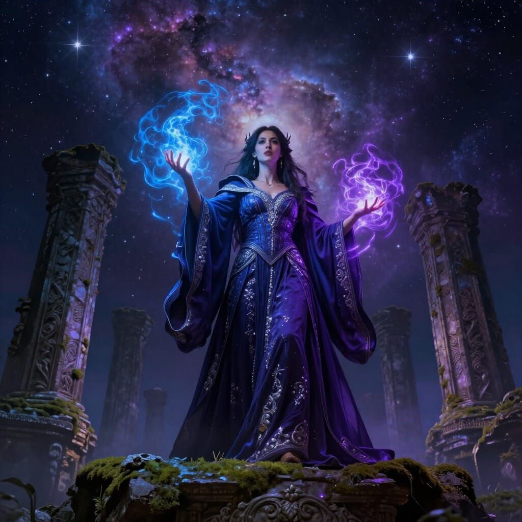 Female Sorceress Conjuring Magic in Ancient Ruins