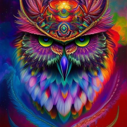 Psychedelic Cosmic Owl Mask in Vibrant 3D