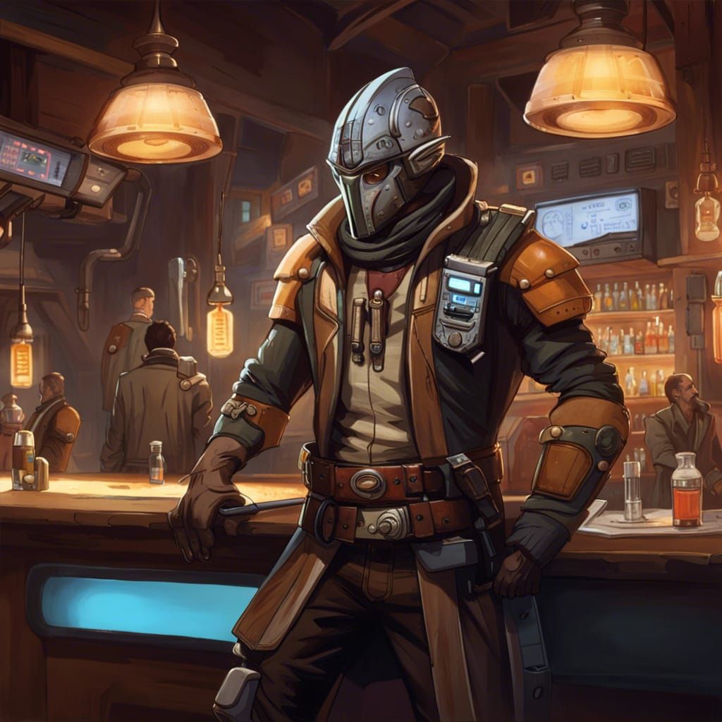 Sci-Fi Cowboy Bounty Hunter in Cyberpunk Bar