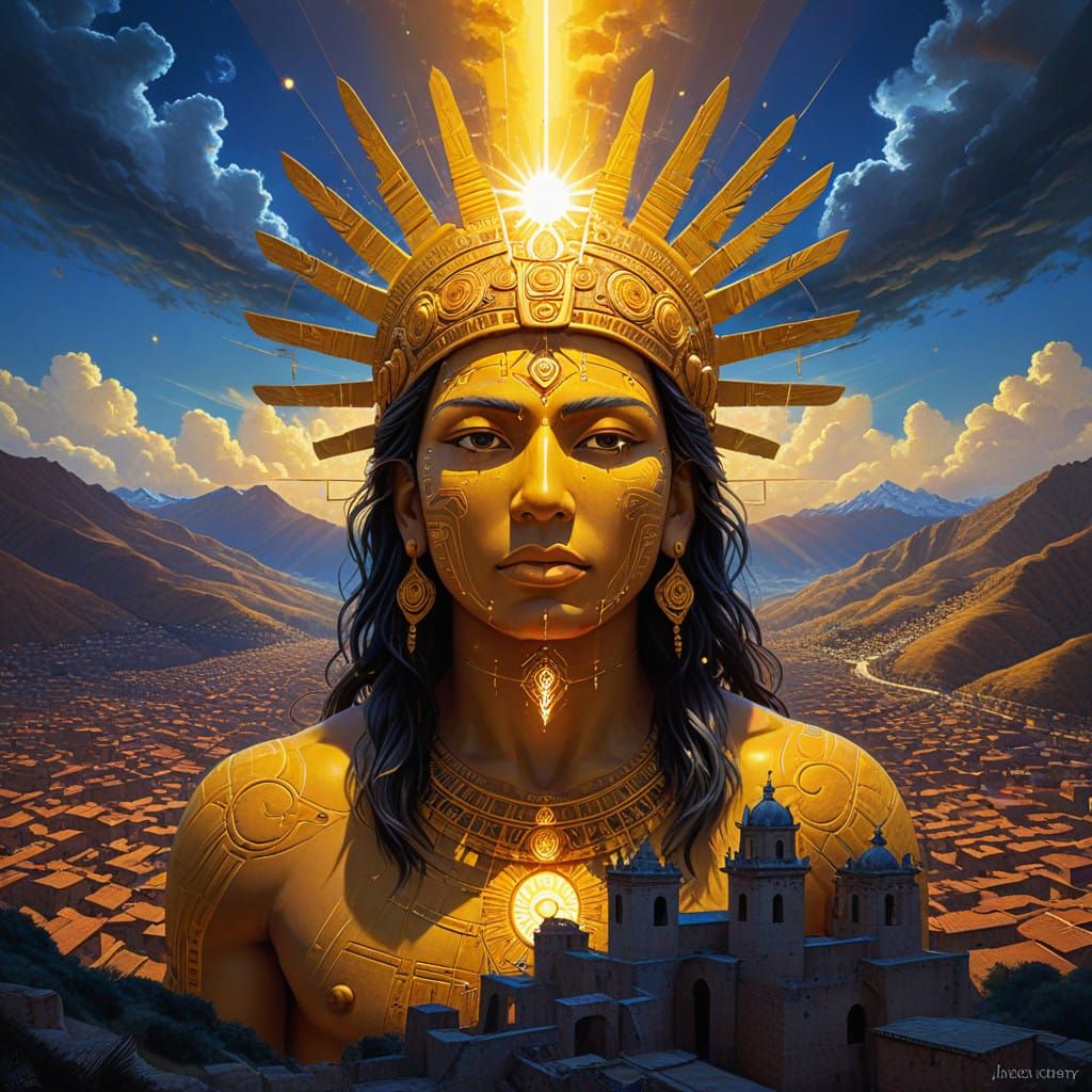 Surreal Digital Art of Inti Rising Over Cusco in Vibrant Col...