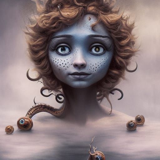 Elsa with Button Eyes in Surreal Horror Landscape