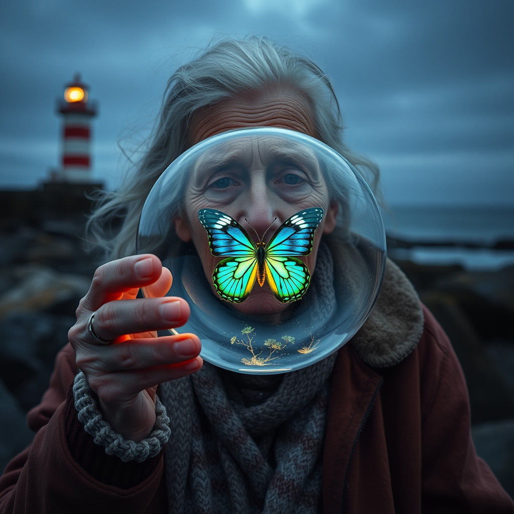 Elderly Woman Holds Glass Orb with Glowing Butterfly in Ligh...