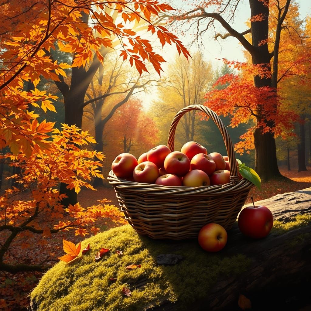 Apples in Autumn Forest: Hyperrealistic Oil Painting