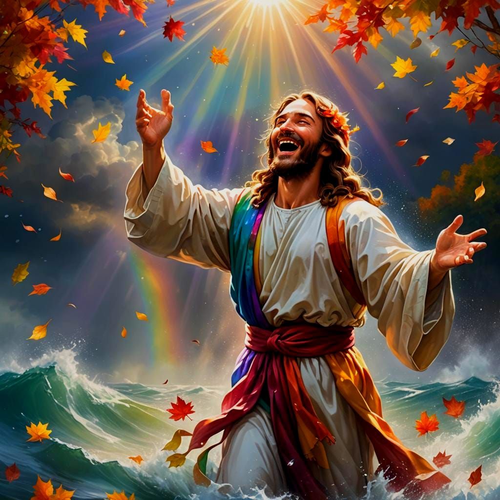 Realistic Laughing Jesus Praising in Rainbow Light