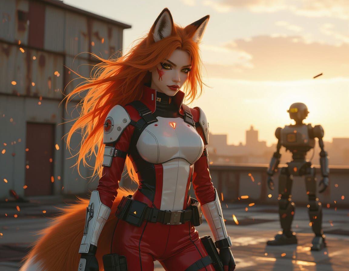 Fox Goddess Battles Robots in Hyperrealistic Style