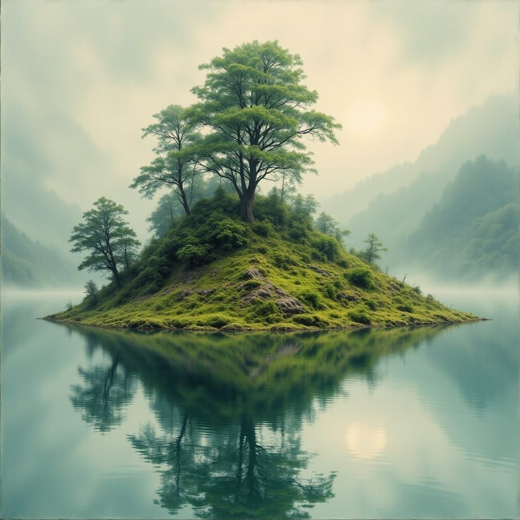 Solitary Island in Still Lake with Purple Aesthetic