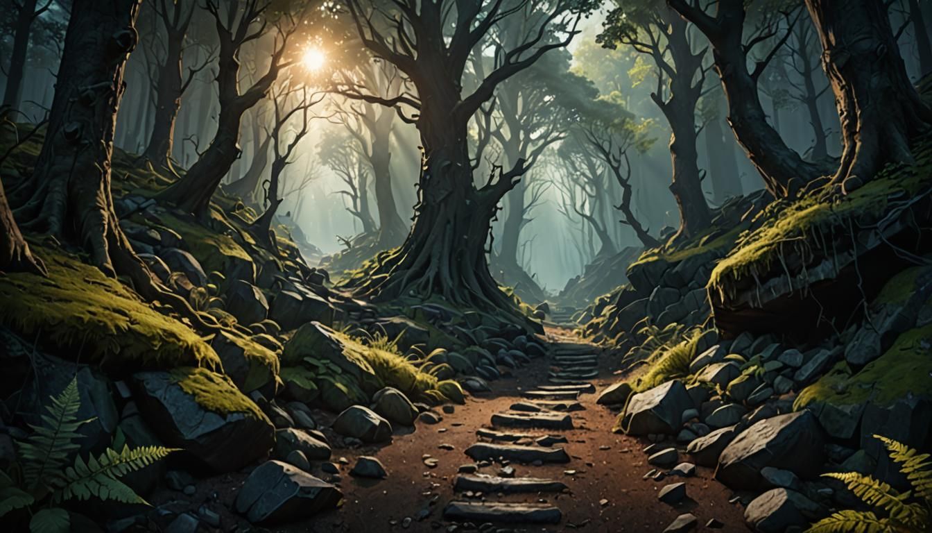 Sunlit Path Through a Dark Fantasy Forest