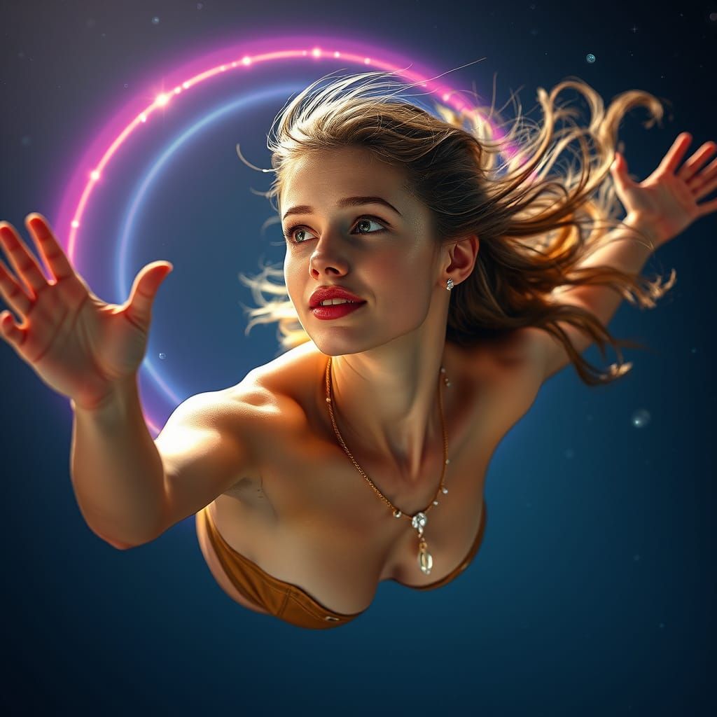 Young Woman Soars Through the Cosmos in Vibrant Colors